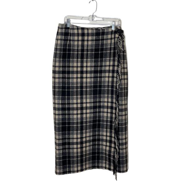 Vtg EDDIE BAUER Legend Wool Black Gray Tartan Plaid Blanket Maxi Skirt Fringe 12 - Picture 1 of 9
